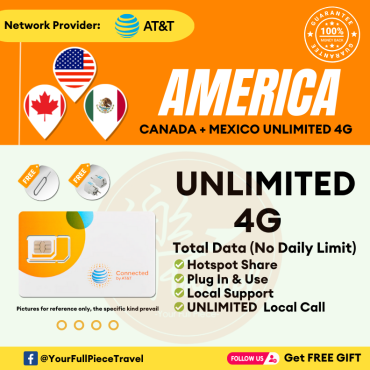 【AT&T】USA+Canada+Mexico Prepaid Travel SIM Card 美国+加拿大+墨西哥当地上网卡【UNLIMITED 4G DATA】  【No Daily Capped】