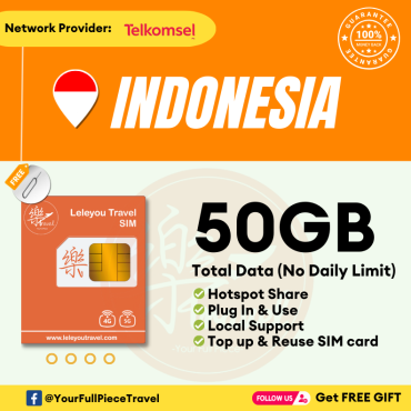 Indonesia Internet Prepaid Travel SIM Card 印尼上网卡 【No Daily Capped】  【1~9 Days】【50GB】