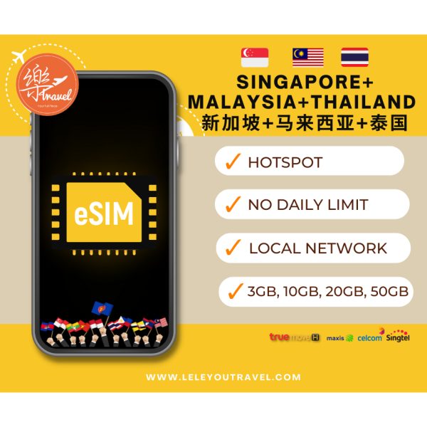 【eSIM】泰国+新加坡+马来西亚等多国上网卡 Thailand+Singapore+Malaysia Travel Sim Card 【No Daily Capped】【Unlimited data】
