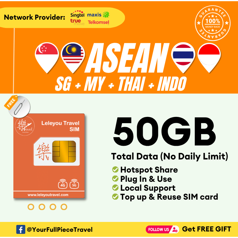 Leletravel【泰国+新加坡+马来西亚+印尼 Sim Card】【 TH+SG+MY+IN Sim Card 】【4G/5G High‑Speed SIM Card 】+ Free Gift🔥