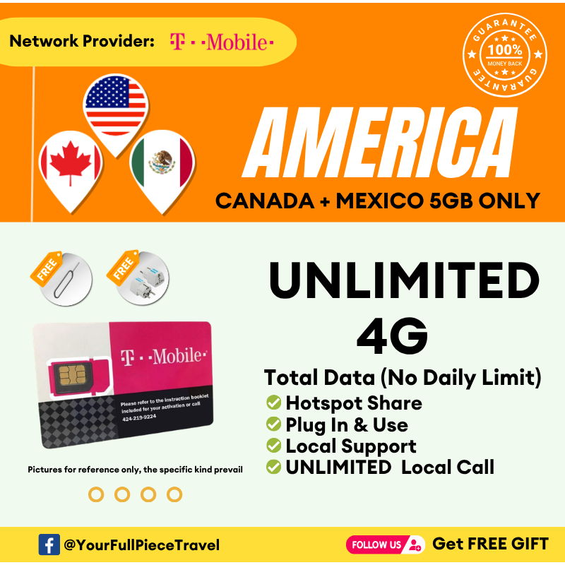 Leletravel【美国+加拿大+墨西哥 Local Sim Card】【 USA+Canada+Mexico Sim Card 】【WITH LOCAL NUMBER】【4G/5G High Speed Data】+Free Gift🔥
